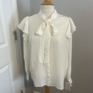 Vineyard Vines Cream/Off White Sheer 100% Silk Blouse with Ruffle Sleeves Sz M